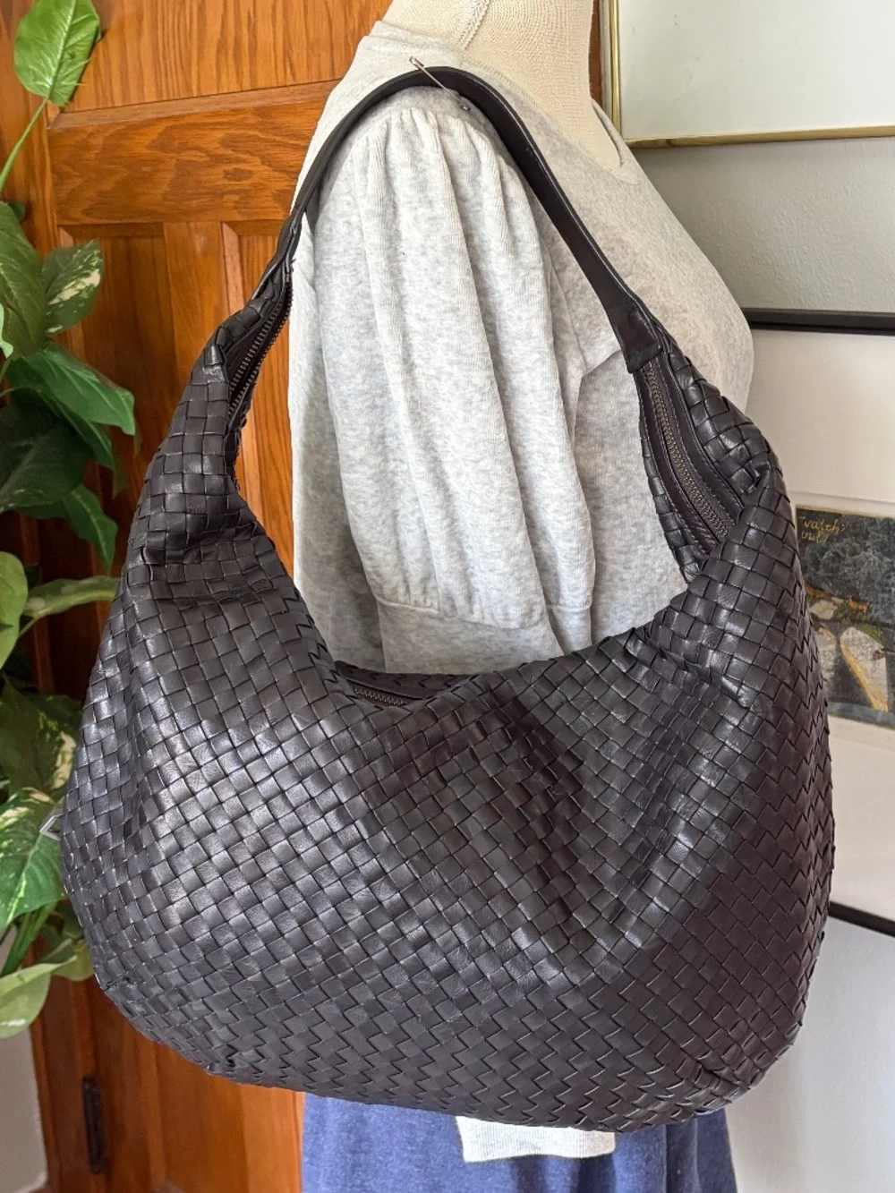 Christopher Kon Black Leather Woven Slouchy Shoulder Hobo Bag Tote Purse Designe